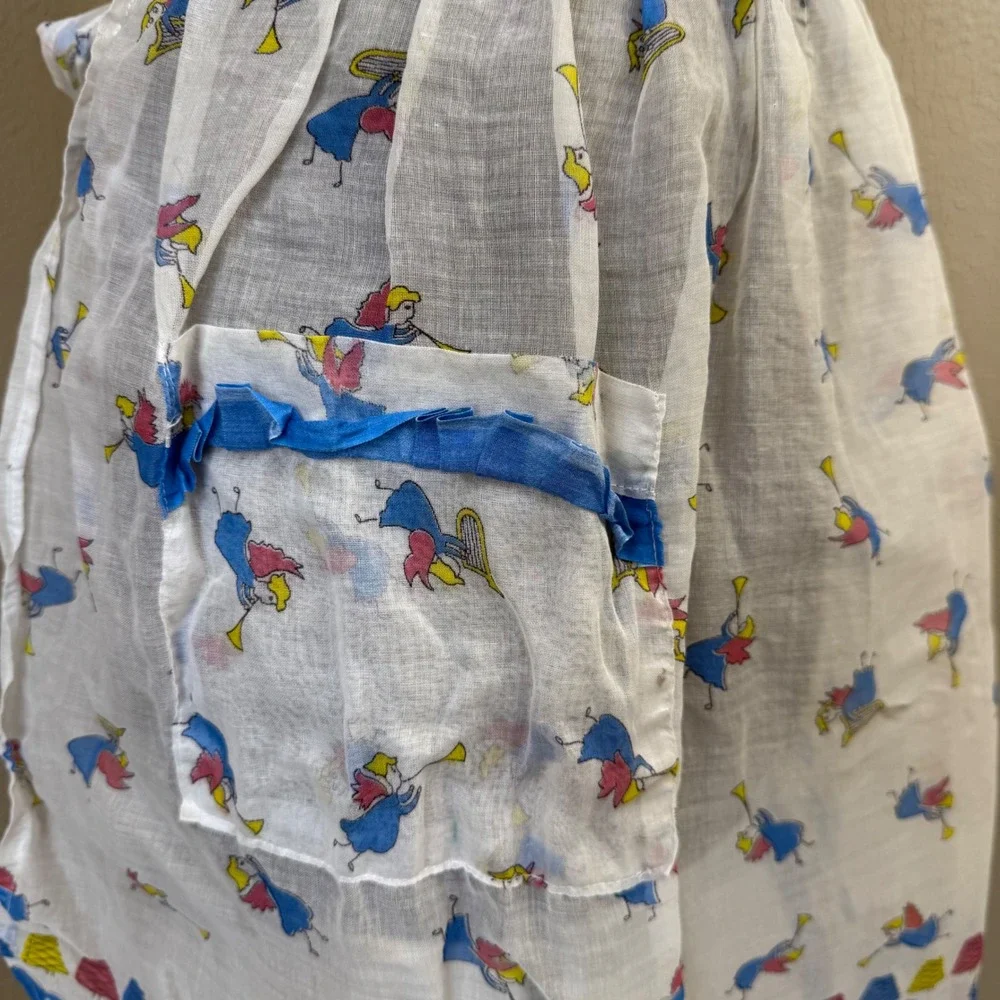Vintage Angel Novelty Print Half Apron White Blue Sheer Retro Kitchen Pocket